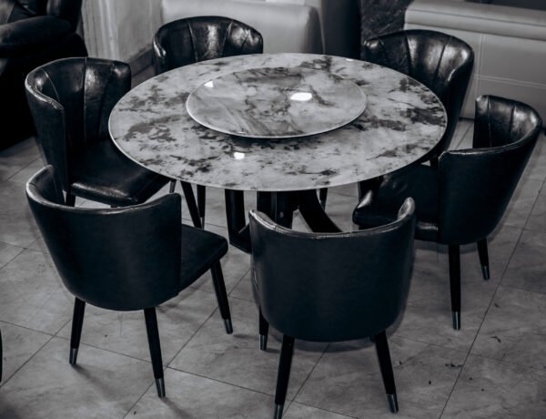 Rounded Stone Table with Premium Leather Chairs