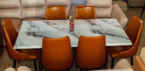 Elegant Rectangular Stone Table & Leather Dining Furniture